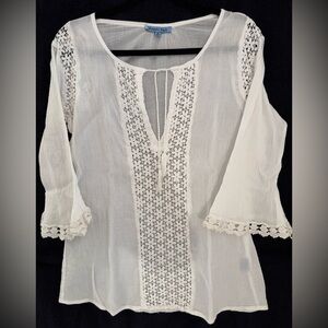 Solitaire Swim white boho macrame & tassels 3/4 sleeve top/cover-up $65 - Medium